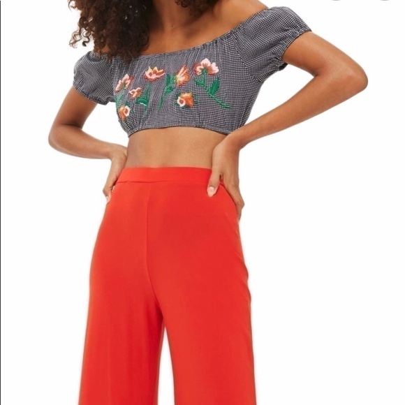 Topshop Black Gingham Crop Top Embroidered Flowers - Picture 2 of 7